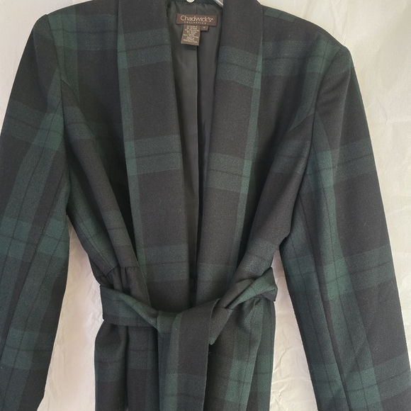 Chadwick Plaid Open Jacket Women Sz 14 Tartan Dark & Green Navy Belted Pleated - Picture 3 of 13